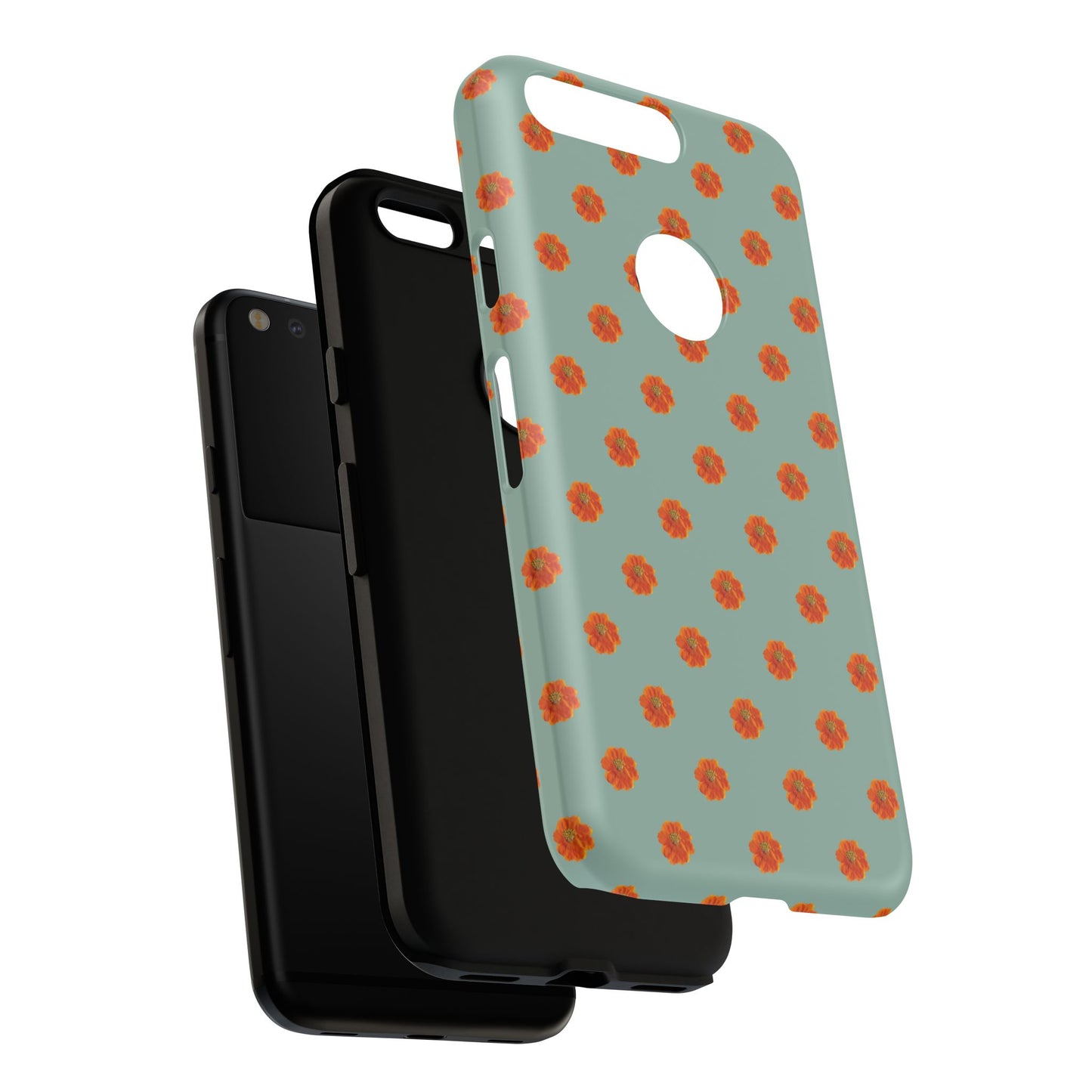 Coque Téléphone Samsung, iPhone & Google Pixel Renforcée Mate – Design Floral Epuré Fleurs de Cosmos Orange sur Fond Vert Eucalyptus | Protection Antichoc | Idée Cadeau Femme