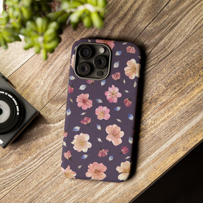 Coque Téléphone Samsung, iPhone & Google Pixel Renforcée Mate – Design Floral Fleurs de Cerisier sur Fond Couleur Prune | Protection Antichoc | Idée Cadeau Femme