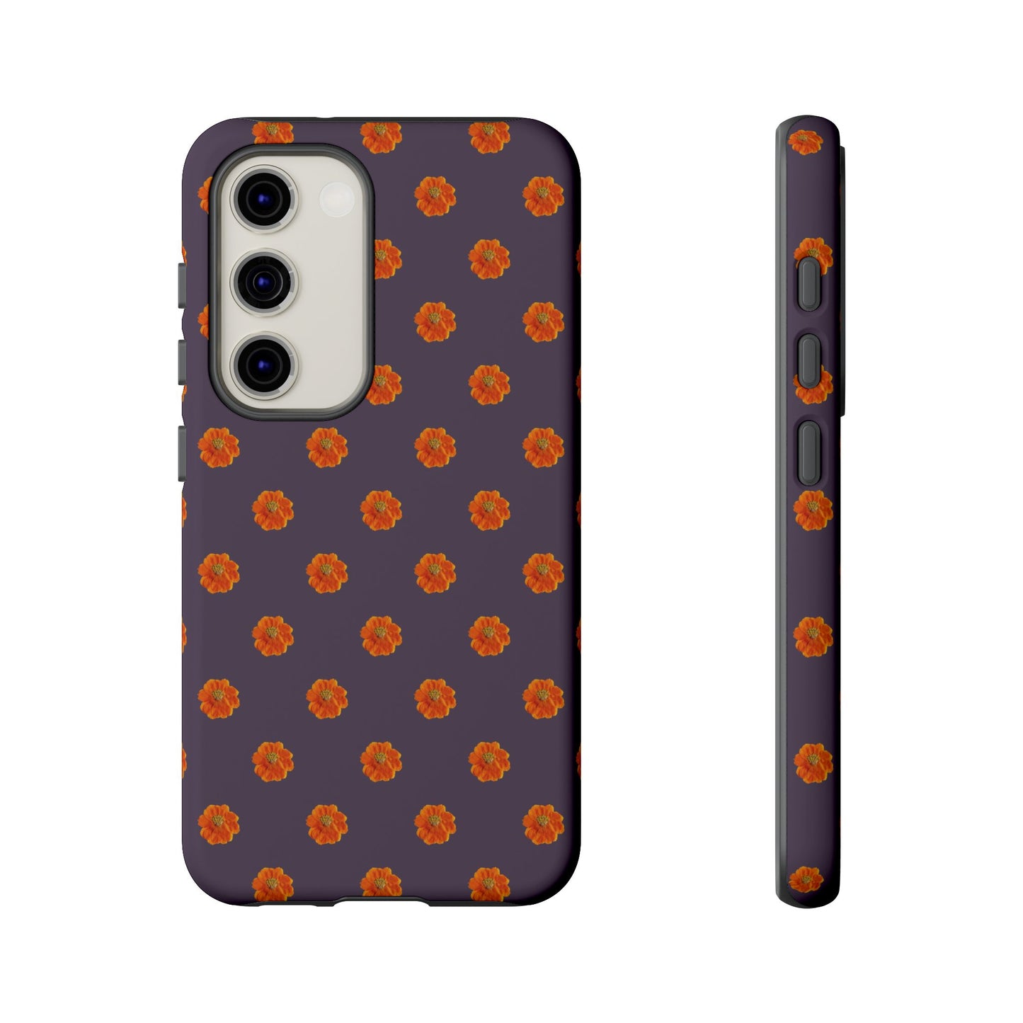 Coque Téléphone Samsung, iPhone & Google Pixel Renforcée Mate – Design Floral Epuré Fleurs de Cosmos Orange sur Fond Couleur Prune | Protection Antichoc | Idée Cadeau Femme