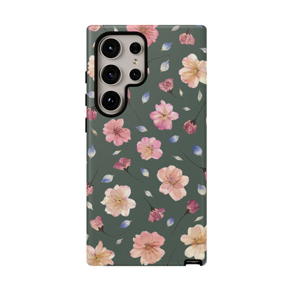 Coque Téléphone Samsung, iPhone & Google Pixel Renforcée Mate – Design Floral Fleurs de Cerisier sur Fond Verte Minéral | Protection Antichoc | Idée Cadeau Femme