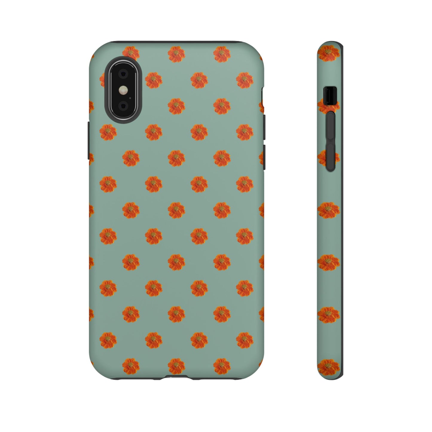 Coque Téléphone Samsung, iPhone & Google Pixel Renforcée Mate – Design Floral Epuré Fleurs de Cosmos Orange sur Fond Vert Eucalyptus | Protection Antichoc | Idée Cadeau Femme