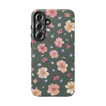 Coque Téléphone Samsung, iPhone & Google Pixel Renforcée Mate – Design Floral Fleurs de Cerisier sur Fond Verte Minéral | Protection Antichoc | Idée Cadeau Femme
