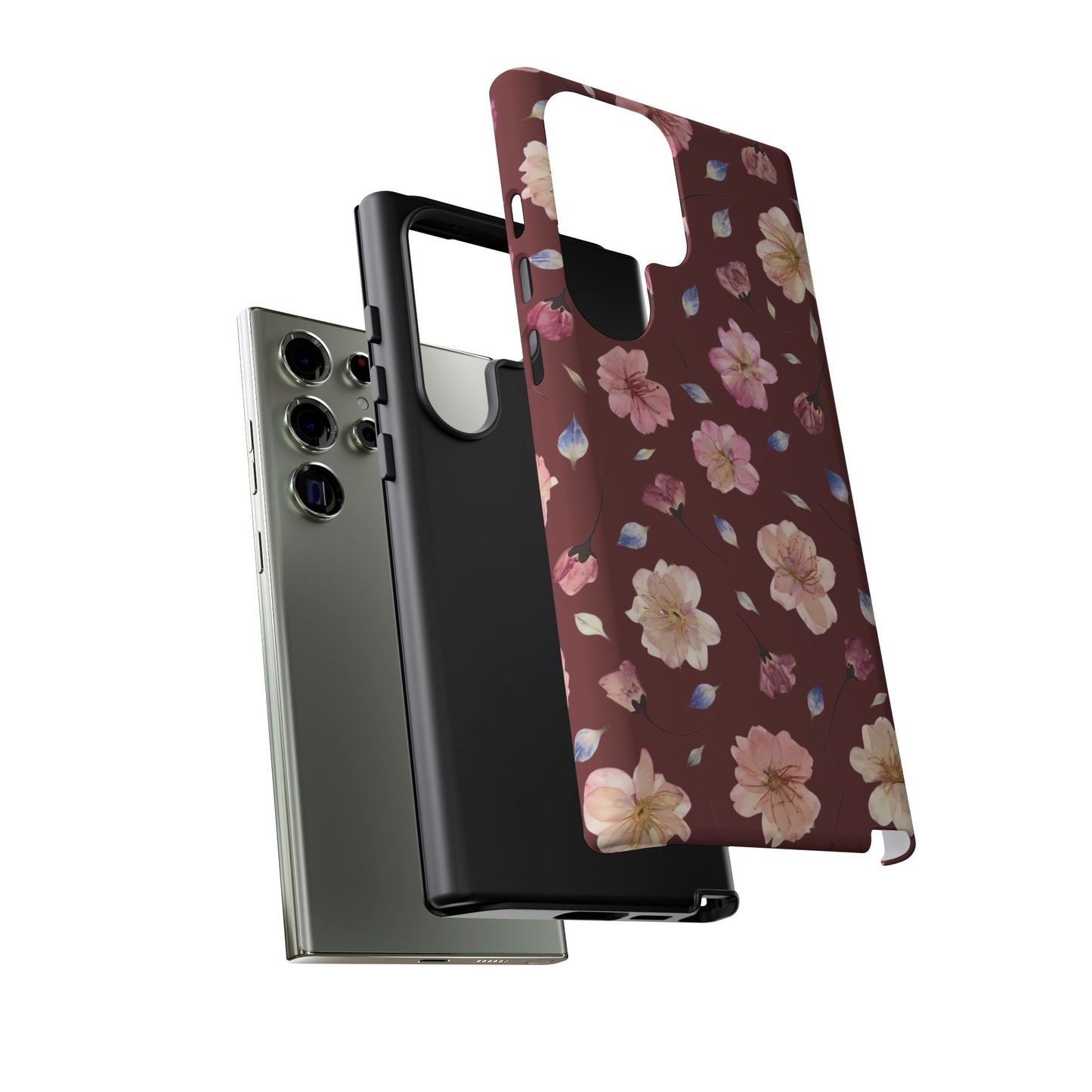 Coque Téléphone Samsung, iPhone & Google Pixel Renforcée Mate – Design Floral Fleurs de Cerisier sur Fond Bordeaux | Protection Antichoc | Idée Cadeau Pour Elle