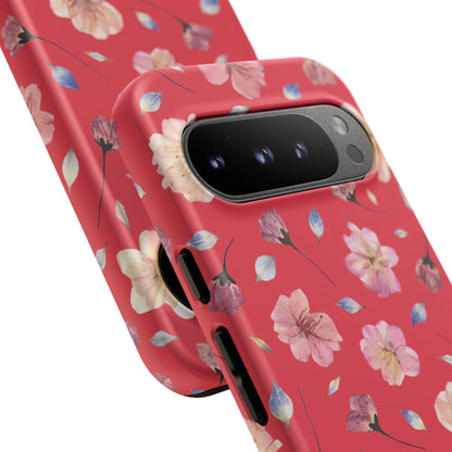 Coque Téléphone Samsung, iPhone & Google Pixel Renforcée Mate – Design Floral Fleurs de Cerisier sur Fond Rouge Féminin | Protection Antichoc | Idée Cadeau Femme