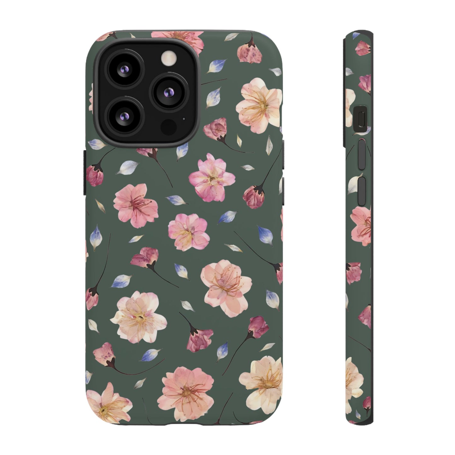 Coque Téléphone Samsung, iPhone & Google Pixel Renforcée Mate – Design Floral Fleurs de Cerisier sur Fond Verte Minéral | Protection Antichoc | Idée Cadeau Femme