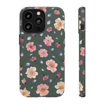 Coque Téléphone Samsung, iPhone & Google Pixel Renforcée Mate – Design Floral Fleurs de Cerisier sur Fond Verte Minéral | Protection Antichoc | Idée Cadeau Femme