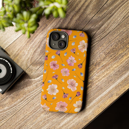 Coque Téléphone Samsung, iPhone & Google Pixel Renforcée Mate – Design Floral Fleurs de Cerisier sur Fond Couleur Curcuma| Protection Antichoc | Idée Cadeau Femme