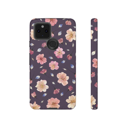 Coque Téléphone Samsung, iPhone & Google Pixel Renforcée Mate – Design Floral Fleurs de Cerisier sur Fond Couleur Prune | Protection Antichoc | Idée Cadeau Femme