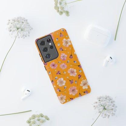 Coque Téléphone Samsung, iPhone & Google Pixel Renforcée Mate – Design Floral Fleurs de Cerisier sur Fond Couleur Curcuma| Protection Antichoc | Idée Cadeau Femme