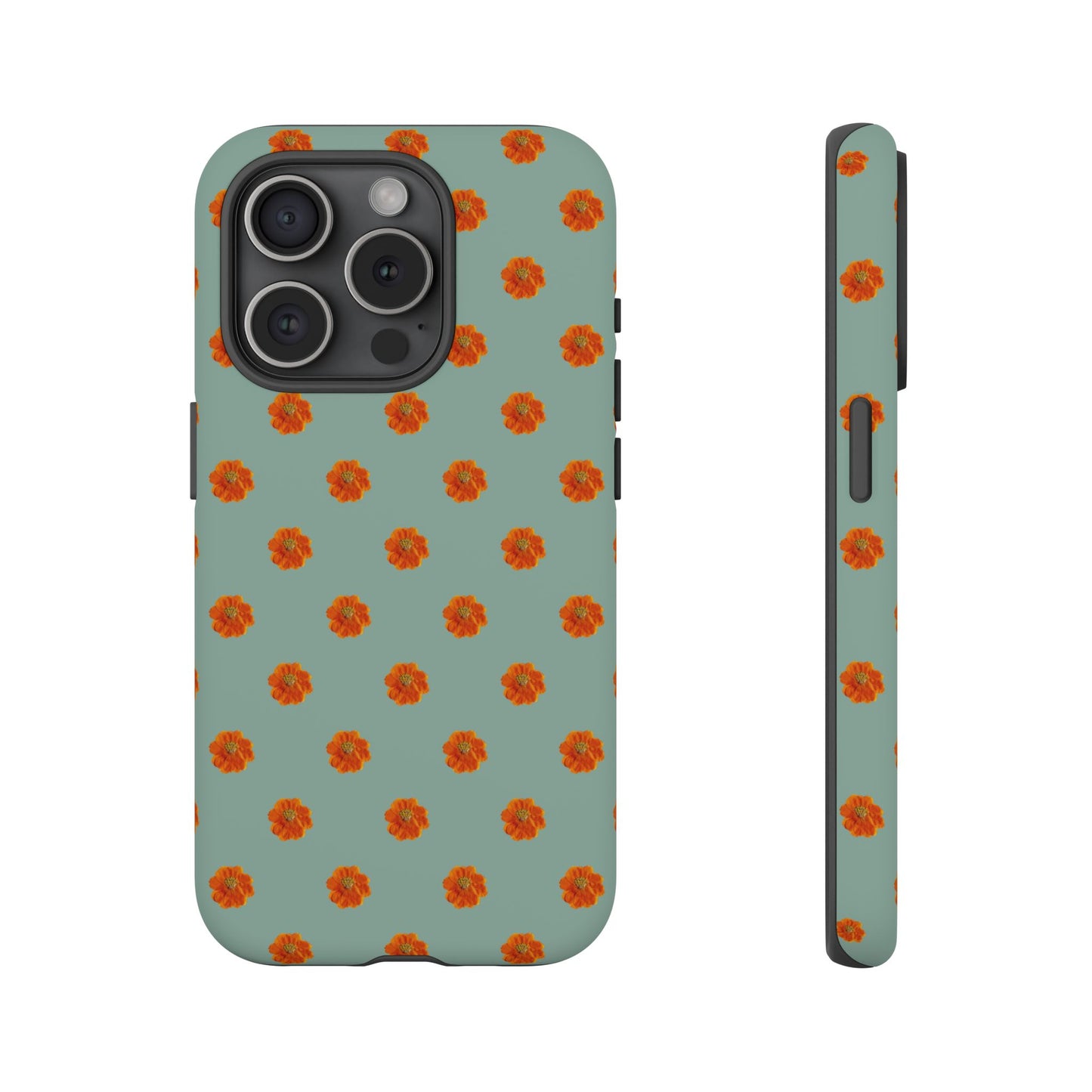 Coque Téléphone Samsung, iPhone & Google Pixel Renforcée Mate – Design Floral Epuré Fleurs de Cosmos Orange sur Fond Vert Eucalyptus | Protection Antichoc | Idée Cadeau Femme