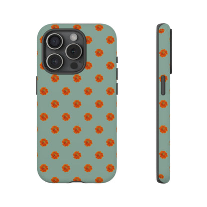 Coque Téléphone Samsung, iPhone & Google Pixel Renforcée Mate – Design Floral Epuré Fleurs de Cosmos Orange sur Fond Vert Eucalyptus | Protection Antichoc | Idée Cadeau Femme