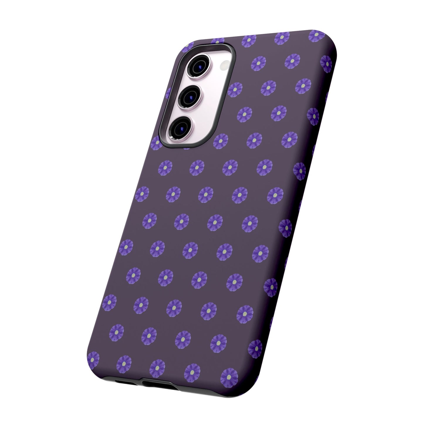 Coque Téléphone Samsung, iPhone & Google Pixel Renforcée Mate – Design Floral Epuré Fleurs de Primevère sur Fond Couleur Prune| Protection Antichoc | Idée Cadeau Femme
