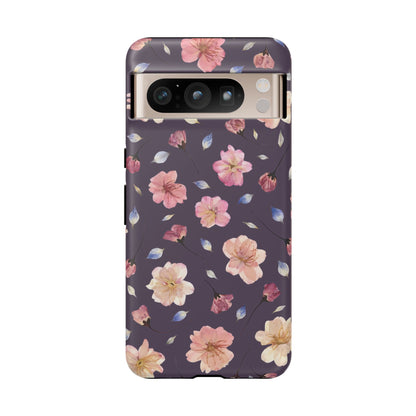 Coque Téléphone Samsung, iPhone & Google Pixel Renforcée Mate – Design Floral Fleurs de Cerisier sur Fond Couleur Prune | Protection Antichoc | Idée Cadeau Femme