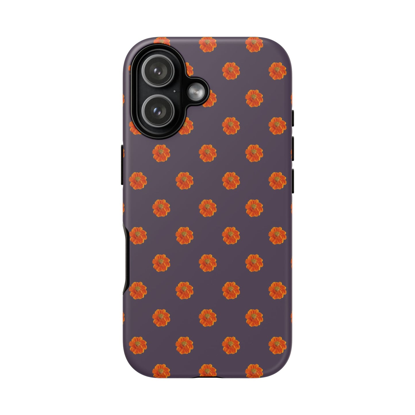 Coque Téléphone Samsung, iPhone & Google Pixel Renforcée Mate – Design Floral Epuré Fleurs de Cosmos Orange sur Fond Couleur Prune | Protection Antichoc | Idée Cadeau Femme