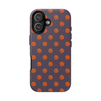 Coque Téléphone Samsung, iPhone & Google Pixel Renforcée Mate – Design Floral Epuré Fleurs de Cosmos Orange sur Fond Couleur Prune | Protection Antichoc | Idée Cadeau Femme