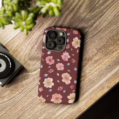 Coque Téléphone Samsung, iPhone & Google Pixel Renforcée Mate – Design Floral Fleurs de Cerisier sur Fond Bordeaux | Protection Antichoc | Idée Cadeau Pour Elle