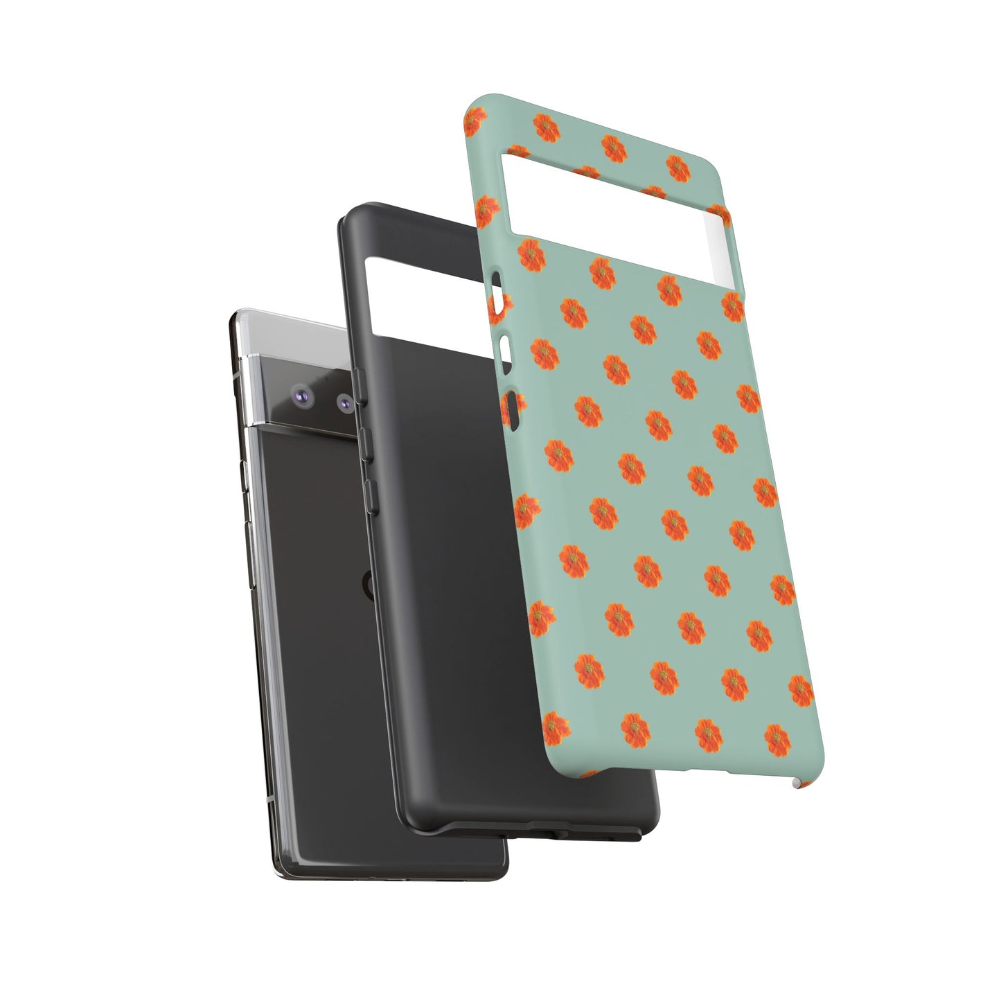 Coque Téléphone Samsung, iPhone & Google Pixel Renforcée Mate – Design Floral Epuré Fleurs de Cosmos Orange sur Fond Vert Eucalyptus | Protection Antichoc | Idée Cadeau Femme