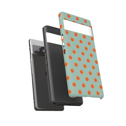 Coque Téléphone Samsung, iPhone & Google Pixel Renforcée Mate – Design Floral Epuré Fleurs de Cosmos Orange sur Fond Vert Eucalyptus | Protection Antichoc | Idée Cadeau Femme