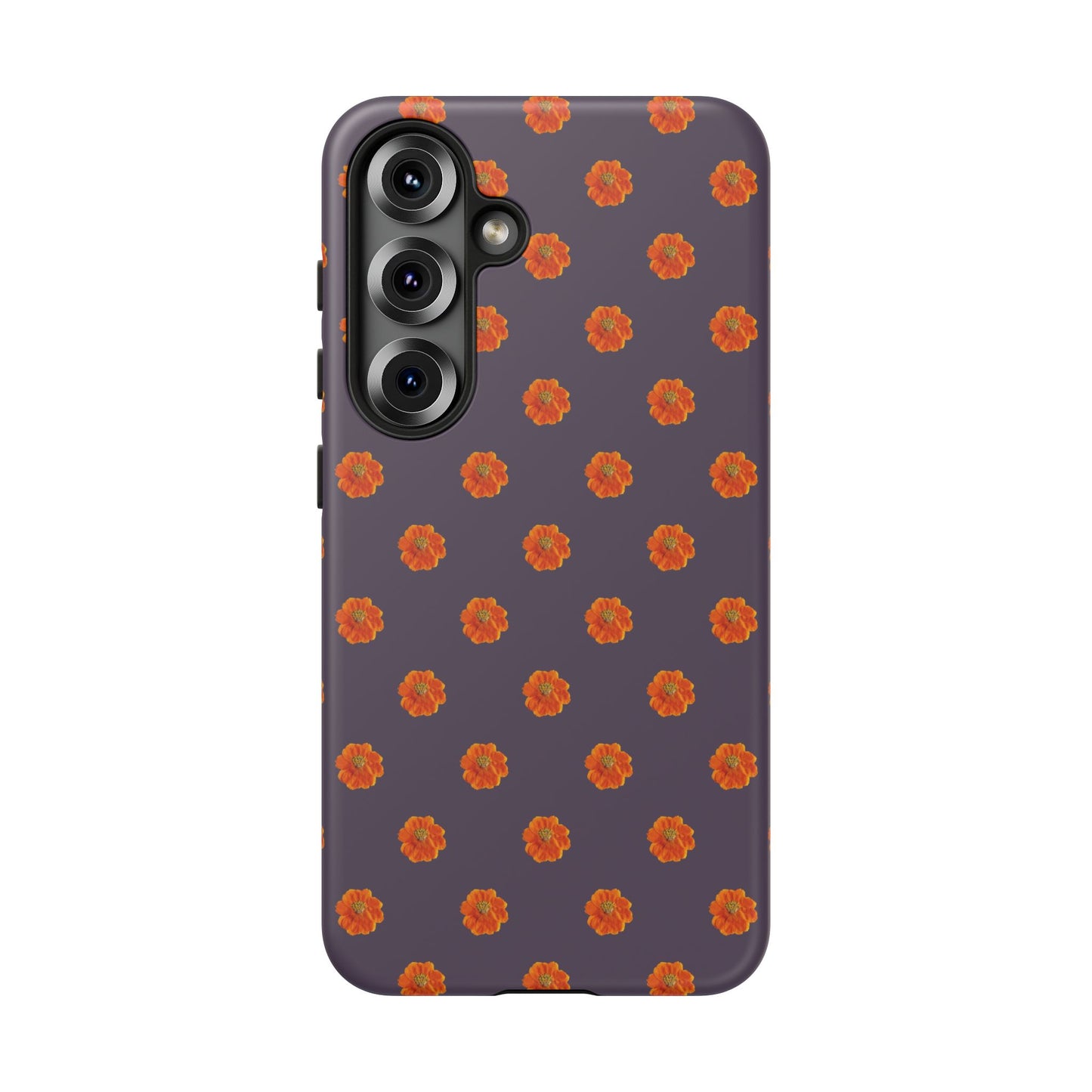 Coque Téléphone Samsung, iPhone & Google Pixel Renforcée Mate – Design Floral Epuré Fleurs de Cosmos Orange sur Fond Couleur Prune | Protection Antichoc | Idée Cadeau Femme