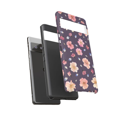 Coque Téléphone Samsung, iPhone & Google Pixel Renforcée Mate – Design Floral Fleurs de Cerisier sur Fond Couleur Prune | Protection Antichoc | Idée Cadeau Femme