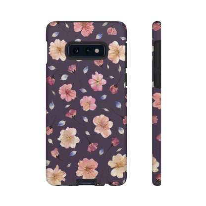 Coque Téléphone Samsung, iPhone & Google Pixel Renforcée Mate – Design Floral Fleurs de Cerisier sur Fond Couleur Prune | Protection Antichoc | Idée Cadeau Femme