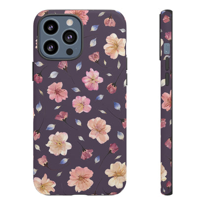 Coque Téléphone Samsung, iPhone & Google Pixel Renforcée Mate – Design Floral Fleurs de Cerisier sur Fond Couleur Prune | Protection Antichoc | Idée Cadeau Femme