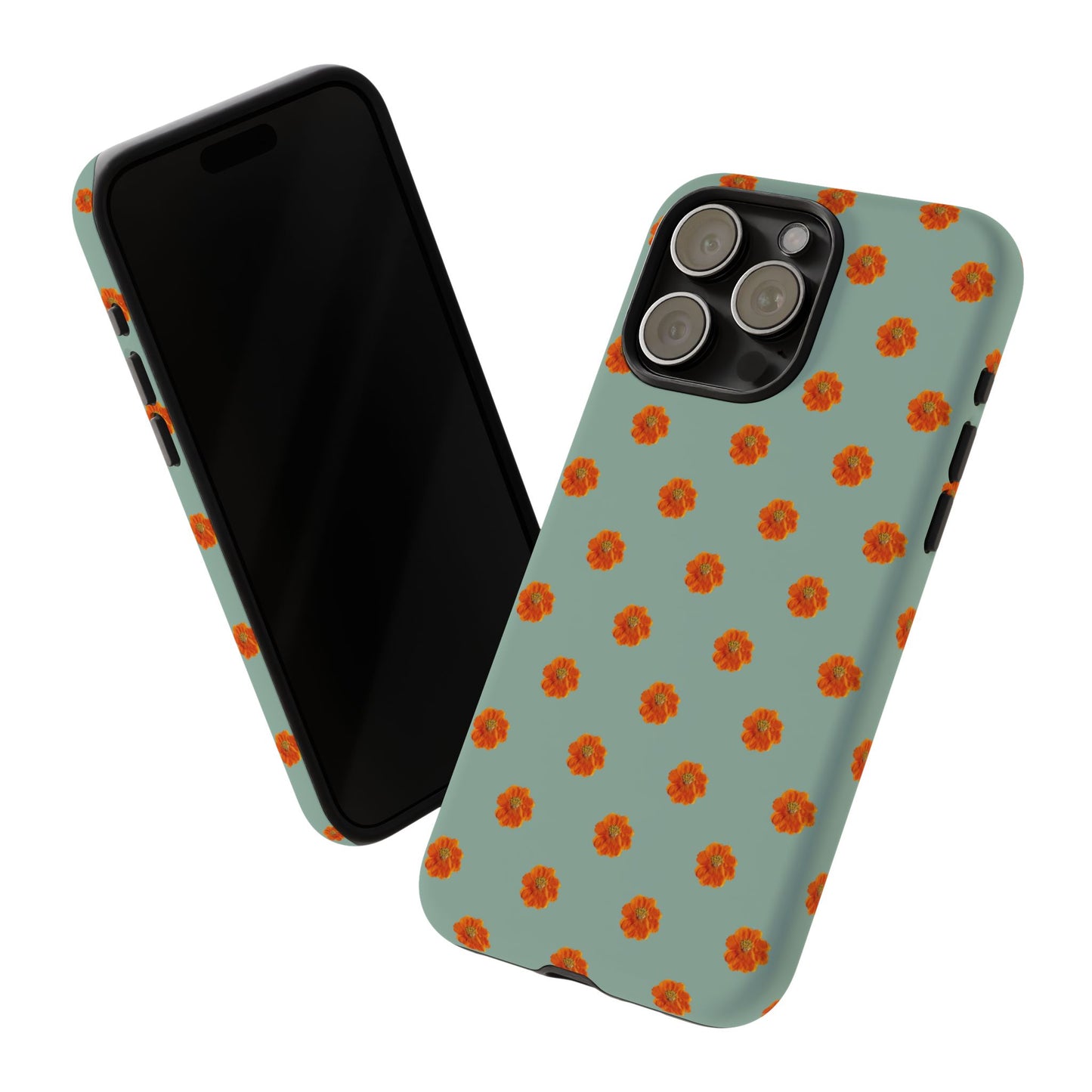 Coque Téléphone Samsung, iPhone & Google Pixel Renforcée Mate – Design Floral Epuré Fleurs de Cosmos Orange sur Fond Vert Eucalyptus | Protection Antichoc | Idée Cadeau Femme
