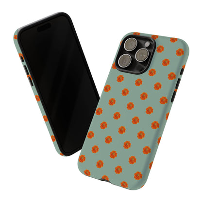 Coque Téléphone Samsung, iPhone & Google Pixel Renforcée Mate – Design Floral Epuré Fleurs de Cosmos Orange sur Fond Vert Eucalyptus | Protection Antichoc | Idée Cadeau Femme