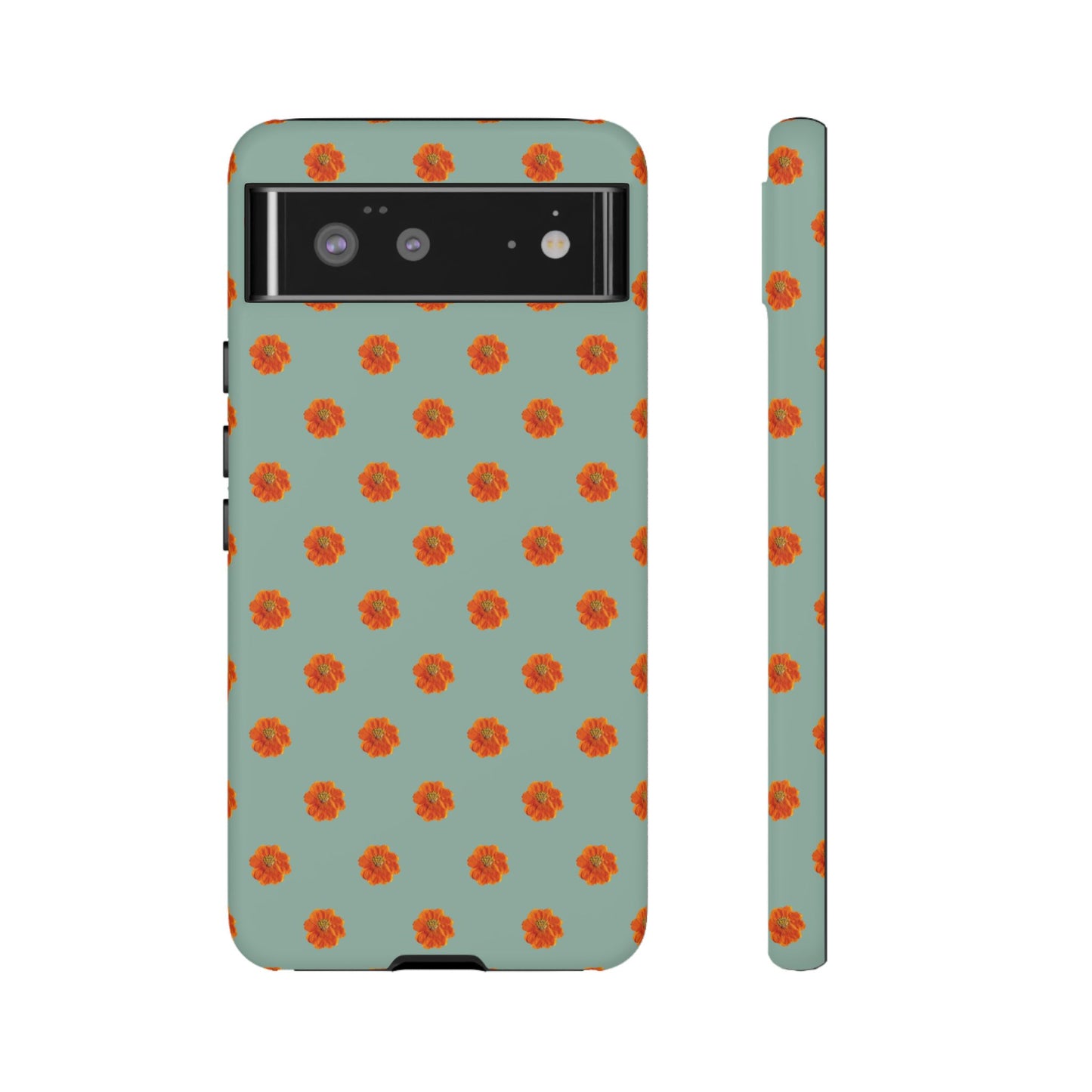 Coque Téléphone Samsung, iPhone & Google Pixel Renforcée Mate – Design Floral Epuré Fleurs de Cosmos Orange sur Fond Vert Eucalyptus | Protection Antichoc | Idée Cadeau Femme