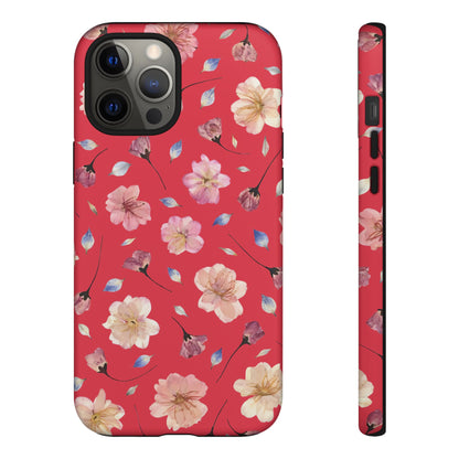 Coque Téléphone Samsung, iPhone & Google Pixel Renforcée Mate – Design Floral Fleurs de Cerisier sur Fond Rouge Féminin | Protection Antichoc | Idée Cadeau Femme
