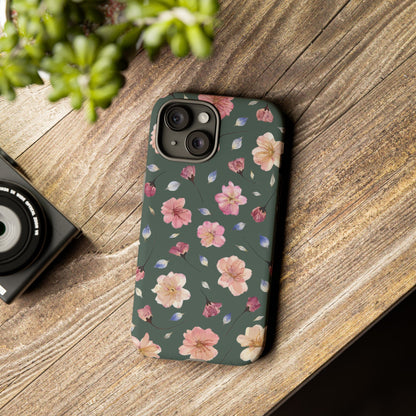 Coque Téléphone Samsung, iPhone & Google Pixel Renforcée Mate – Design Floral Fleurs de Cerisier sur Fond Verte Minéral | Protection Antichoc | Idée Cadeau Femme