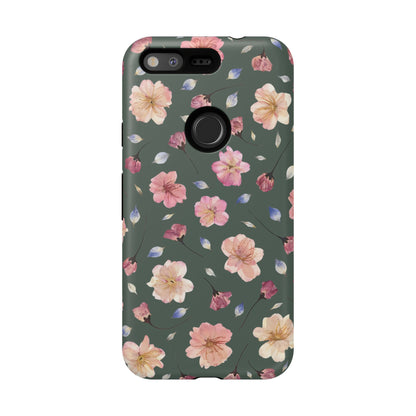 Coque Téléphone Samsung, iPhone & Google Pixel Renforcée Mate – Design Floral Fleurs de Cerisier sur Fond Verte Minéral | Protection Antichoc | Idée Cadeau Femme
