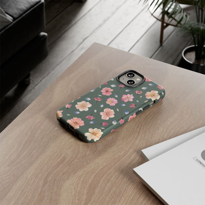 Coque Téléphone Samsung, iPhone & Google Pixel Renforcée Mate – Design Floral Fleurs de Cerisier sur Fond Verte Minéral | Protection Antichoc | Idée Cadeau Femme