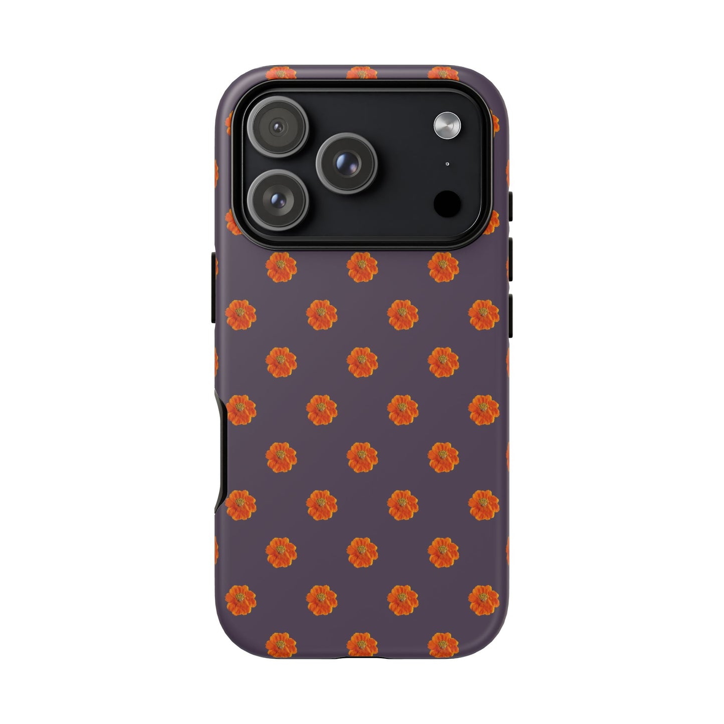Coque Téléphone Samsung, iPhone & Google Pixel Renforcée Mate – Design Floral Epuré Fleurs de Cosmos Orange sur Fond Couleur Prune | Protection Antichoc | Idée Cadeau Femme