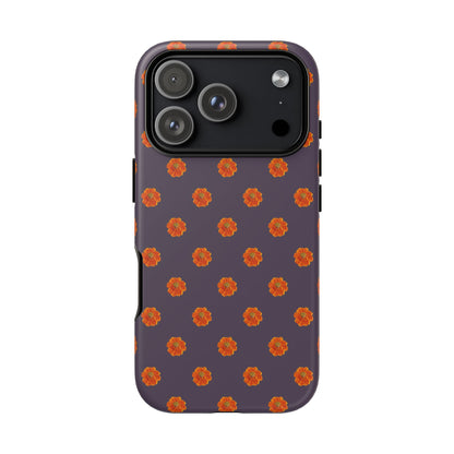 Coque Téléphone Samsung, iPhone & Google Pixel Renforcée Mate – Design Floral Epuré Fleurs de Cosmos Orange sur Fond Couleur Prune | Protection Antichoc | Idée Cadeau Femme
