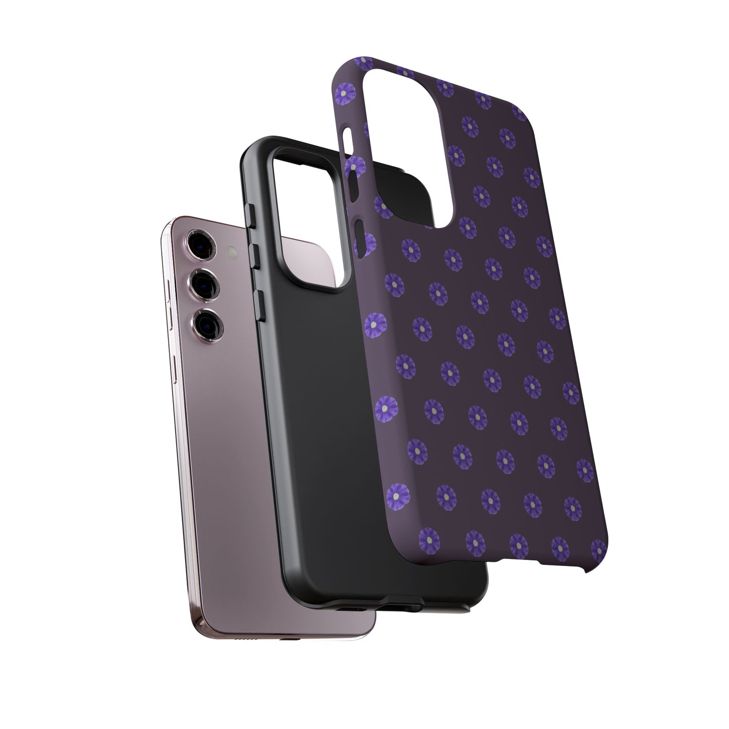 Coque Téléphone Samsung, iPhone & Google Pixel Renforcée Mate – Design Floral Epuré Fleurs de Primevère sur Fond Couleur Prune| Protection Antichoc | Idée Cadeau Femme