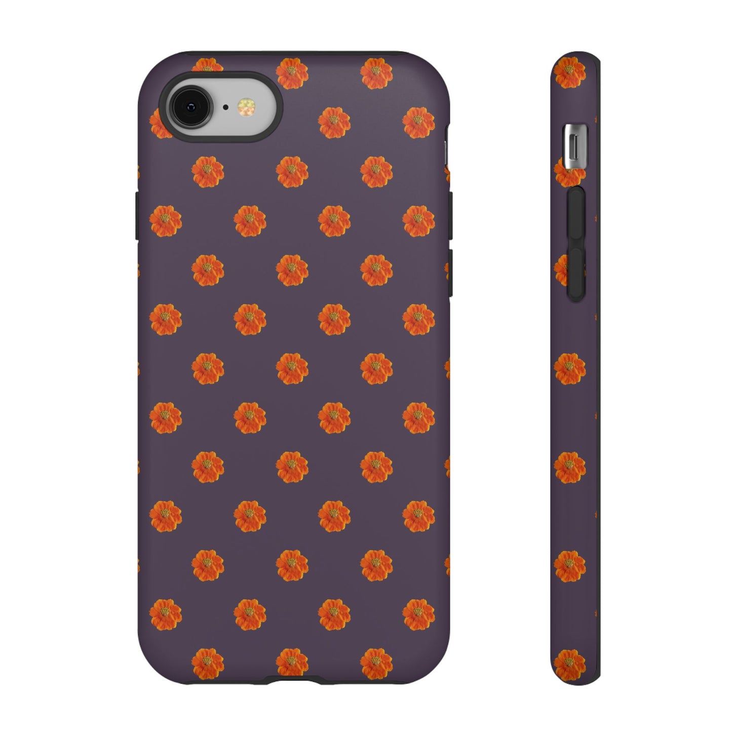 Coque Téléphone Samsung, iPhone & Google Pixel Renforcée Mate – Design Floral Epuré Fleurs de Cosmos Orange sur Fond Couleur Prune | Protection Antichoc | Idée Cadeau Femme