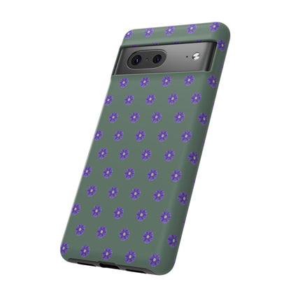 Coque Téléphone Samsung, iPhone & Google Pixel Renforcée Mate – Design Floral Epuré Fleurs de Primevère sur Fond Vert Minéral | Protection Antichoc | Idée Cadeau Femme