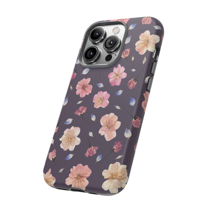 Coque Téléphone Samsung, iPhone & Google Pixel Renforcée Mate – Design Floral Fleurs de Cerisier sur Fond Couleur Prune | Protection Antichoc | Idée Cadeau Femme