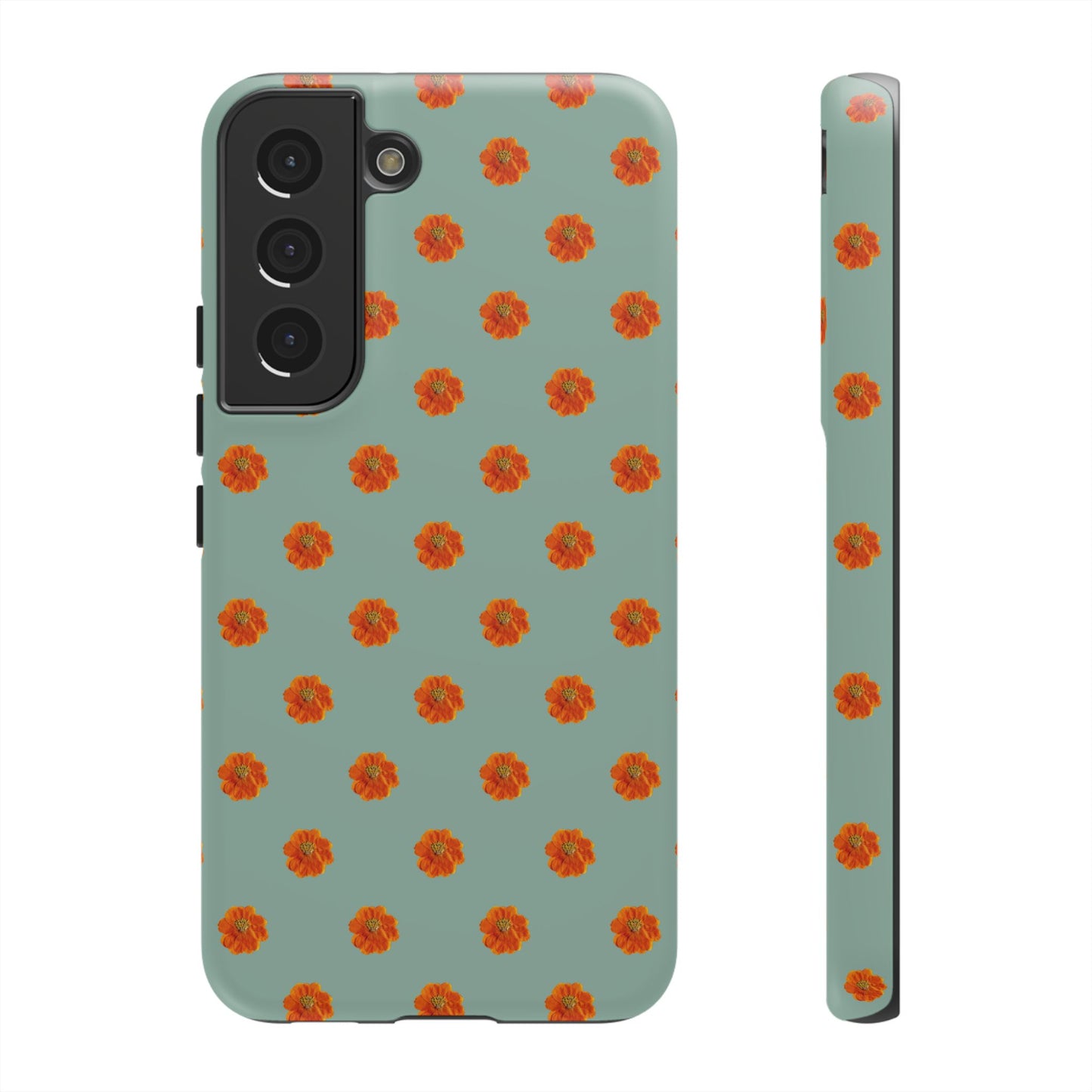 Coque Téléphone Samsung, iPhone & Google Pixel Renforcée Mate – Design Floral Epuré Fleurs de Cosmos Orange sur Fond Vert Eucalyptus | Protection Antichoc | Idée Cadeau Femme