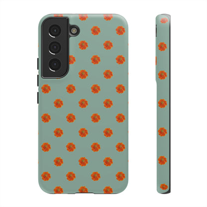 Coque Téléphone Samsung, iPhone & Google Pixel Renforcée Mate – Design Floral Epuré Fleurs de Cosmos Orange sur Fond Vert Eucalyptus | Protection Antichoc | Idée Cadeau Femme