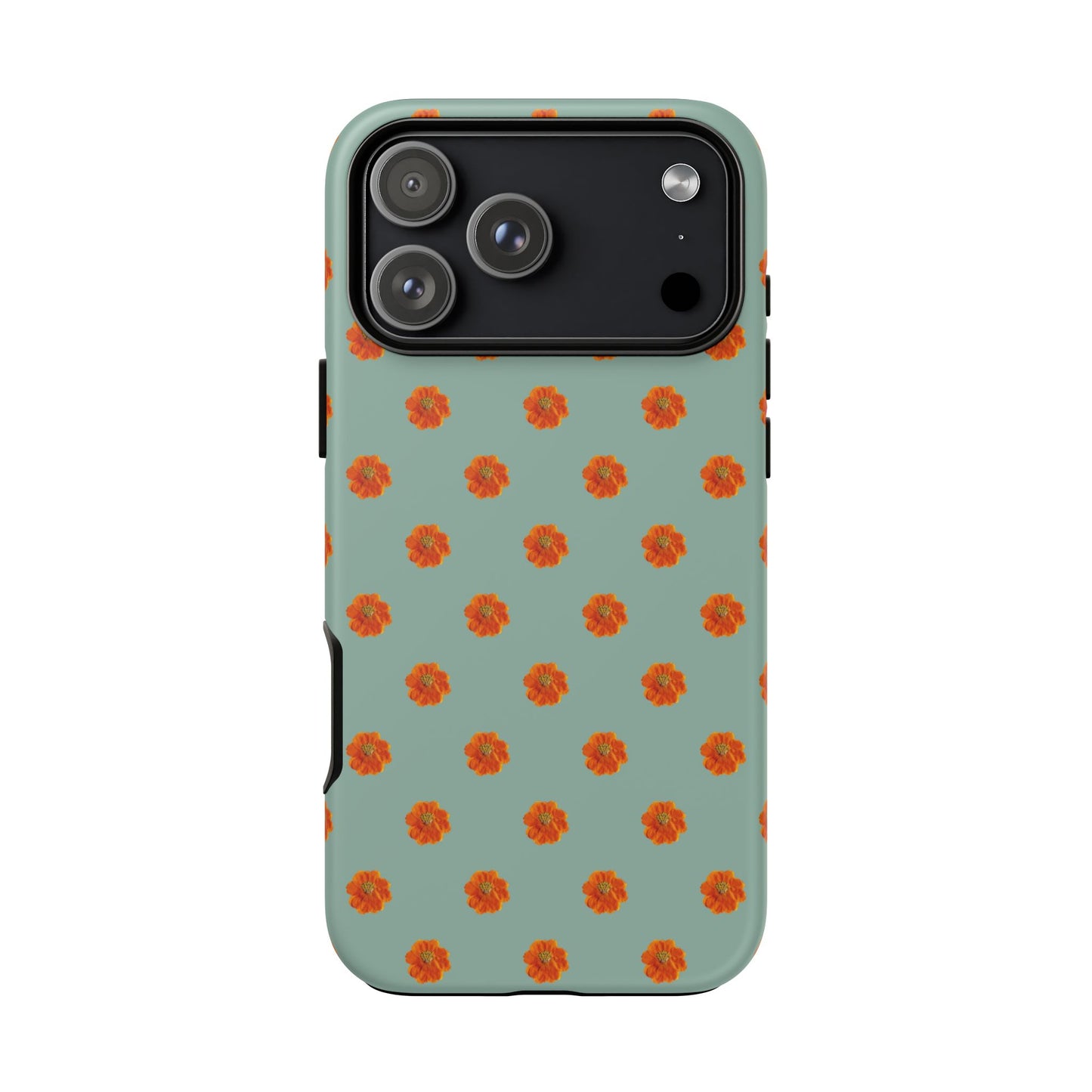 Coque Téléphone Samsung, iPhone & Google Pixel Renforcée Mate – Design Floral Epuré Fleurs de Cosmos Orange sur Fond Vert Eucalyptus | Protection Antichoc | Idée Cadeau Femme