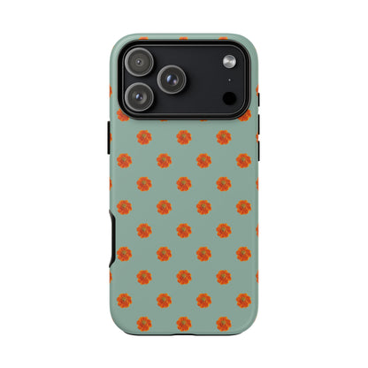 Coque Téléphone Samsung, iPhone & Google Pixel Renforcée Mate – Design Floral Epuré Fleurs de Cosmos Orange sur Fond Vert Eucalyptus | Protection Antichoc | Idée Cadeau Femme