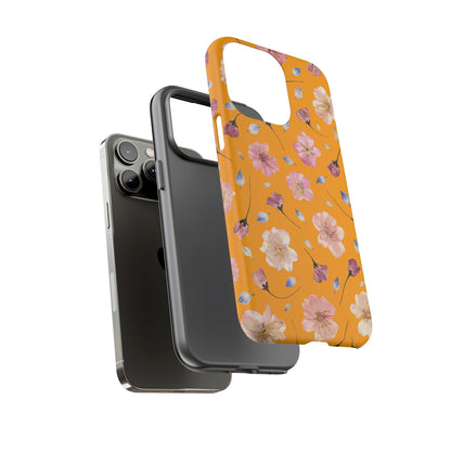 Coque Téléphone Samsung, iPhone & Google Pixel Renforcée Mate – Design Floral Fleurs de Cerisier sur Fond Couleur Curcuma| Protection Antichoc | Idée Cadeau Femme