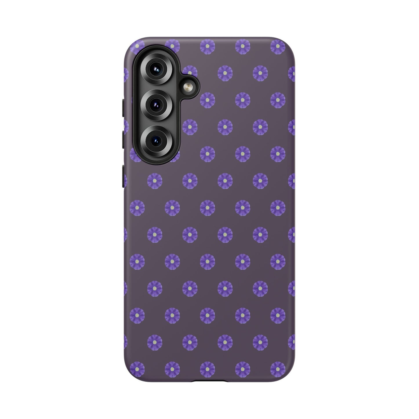 Coque Téléphone Samsung, iPhone & Google Pixel Renforcée Mate – Design Floral Epuré Fleurs de Primevère sur Fond Couleur Prune| Protection Antichoc | Idée Cadeau Femme