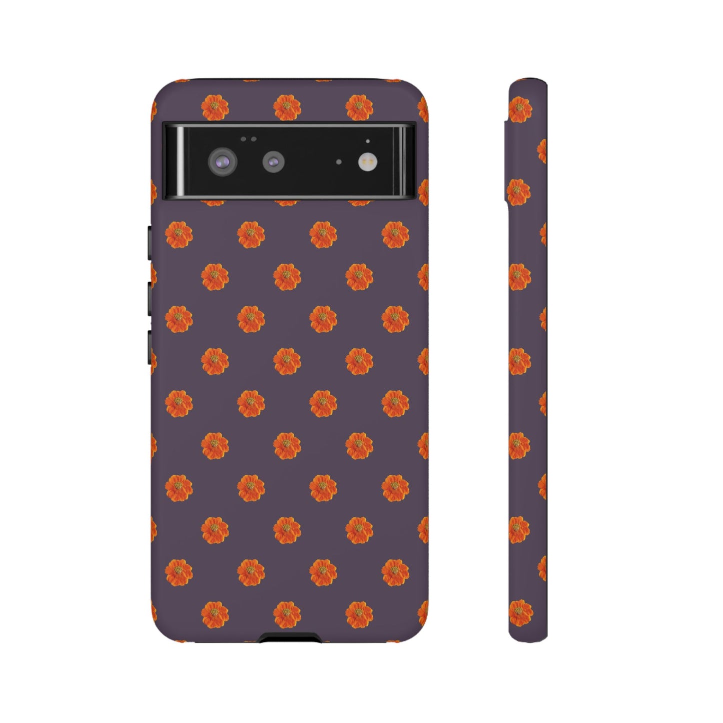 Coque Téléphone Samsung, iPhone & Google Pixel Renforcée Mate – Design Floral Epuré Fleurs de Cosmos Orange sur Fond Couleur Prune | Protection Antichoc | Idée Cadeau Femme