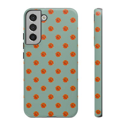 Coque Téléphone Samsung, iPhone & Google Pixel Renforcée Mate – Design Floral Epuré Fleurs de Cosmos Orange sur Fond Vert Eucalyptus | Protection Antichoc | Idée Cadeau Femme