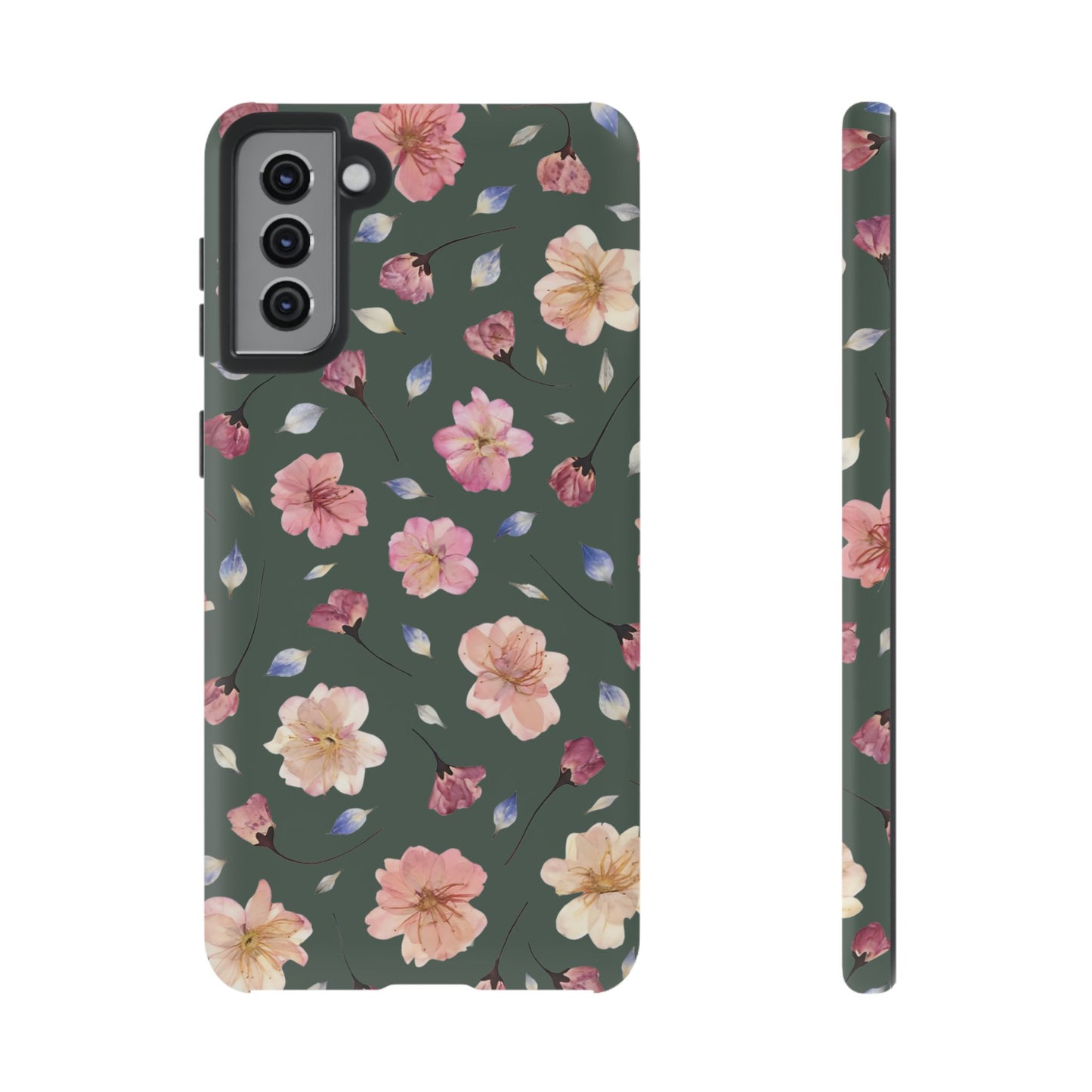 Coque Téléphone Samsung, iPhone & Google Pixel Renforcée Mate – Design Floral Fleurs de Cerisier sur Fond Verte Minéral | Protection Antichoc | Idée Cadeau Femme
