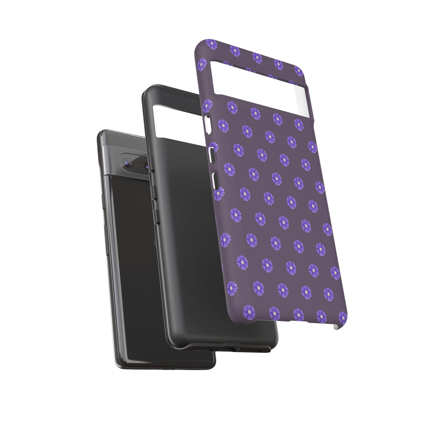 Coque Téléphone Samsung, iPhone & Google Pixel Renforcée Mate – Design Floral Epuré Fleurs de Primevère sur Fond Couleur Prune| Protection Antichoc | Idée Cadeau Femme