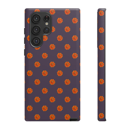 Coque Téléphone Samsung, iPhone & Google Pixel Renforcée Mate – Design Floral Epuré Fleurs de Cosmos Orange sur Fond Couleur Prune | Protection Antichoc | Idée Cadeau Femme